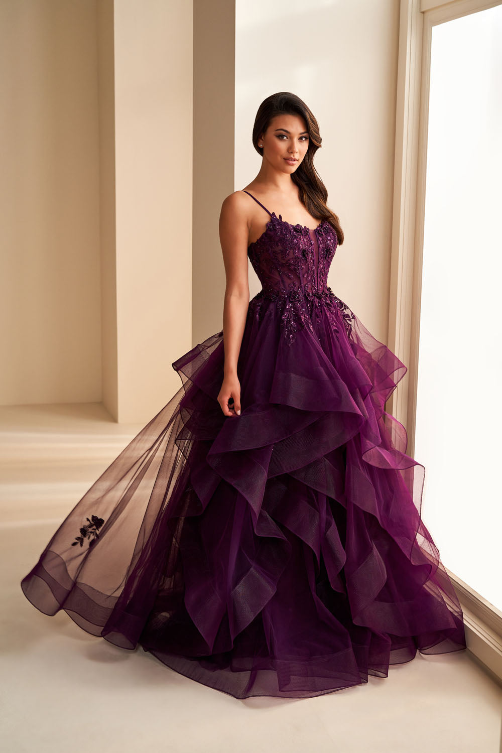 Ellie Wilde EW36225 ball gown prom dress images.  Ellie Wilde EW36225 is available in these colors: Emerald, Wine, Dark Plum, Black, Blue Haze.