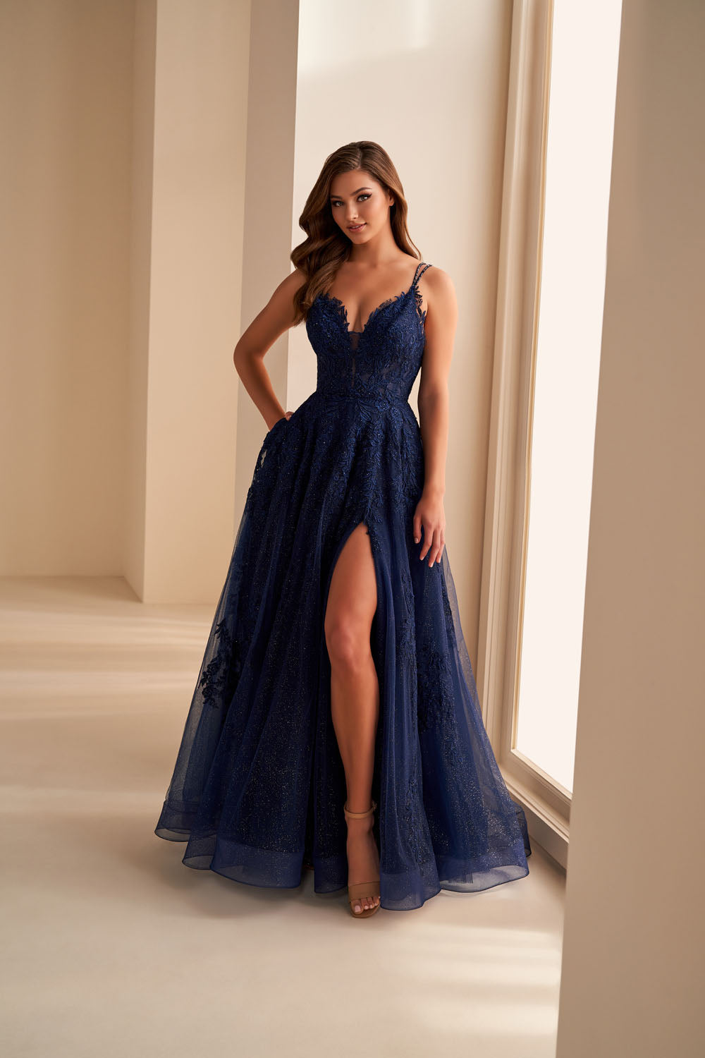 Ellie Wilde EW36226 a-line prom dress images.  Ellie Wilde EW36226 is available in these colors: Navy Blue, Strawberry, Sage.