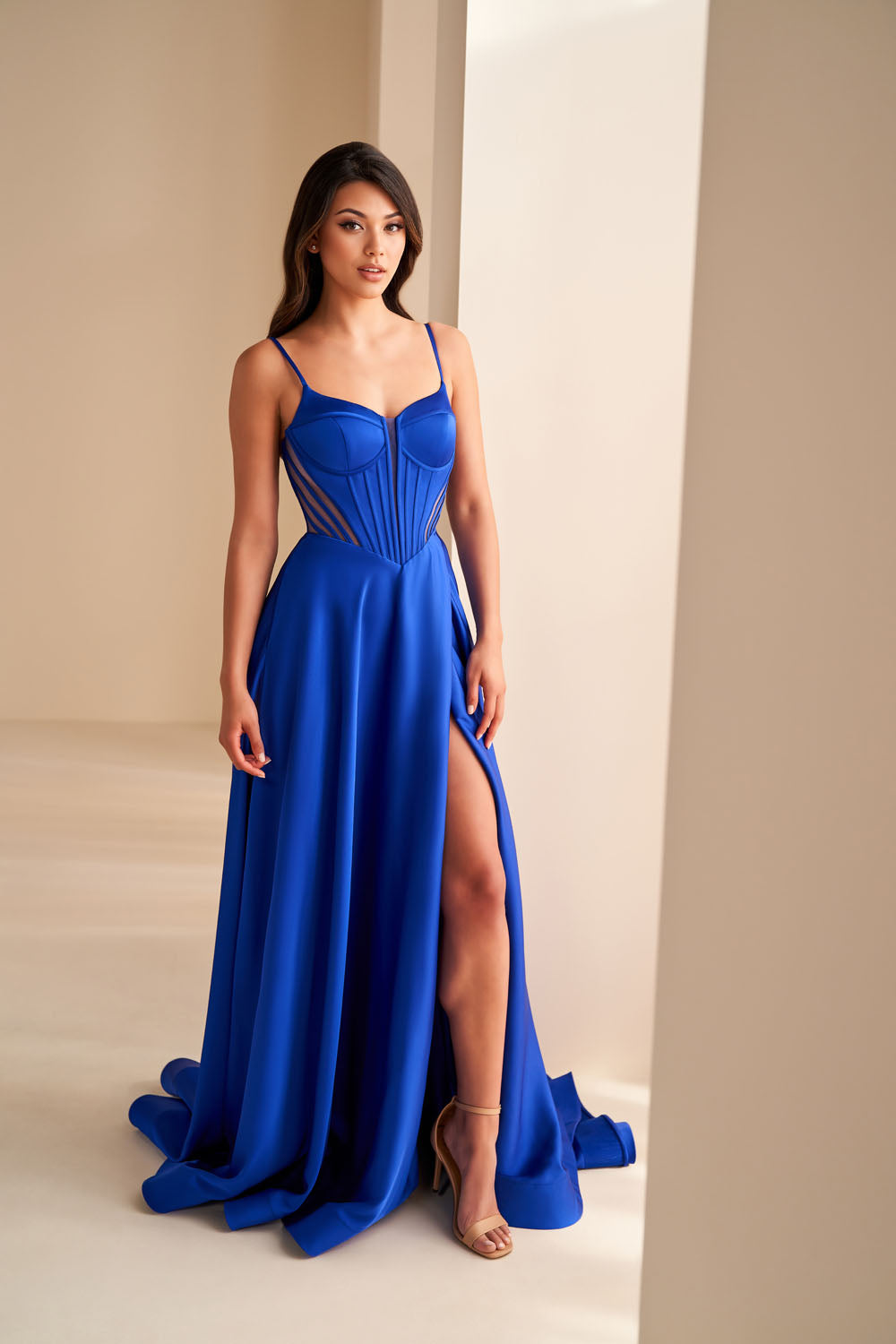 Ellie Wilde EW36227 a-line prom dress images.  Ellie Wilde EW36227 is available in these colors: Light Periwinkle, Black, Spruce, Royal Blue, Ruby.