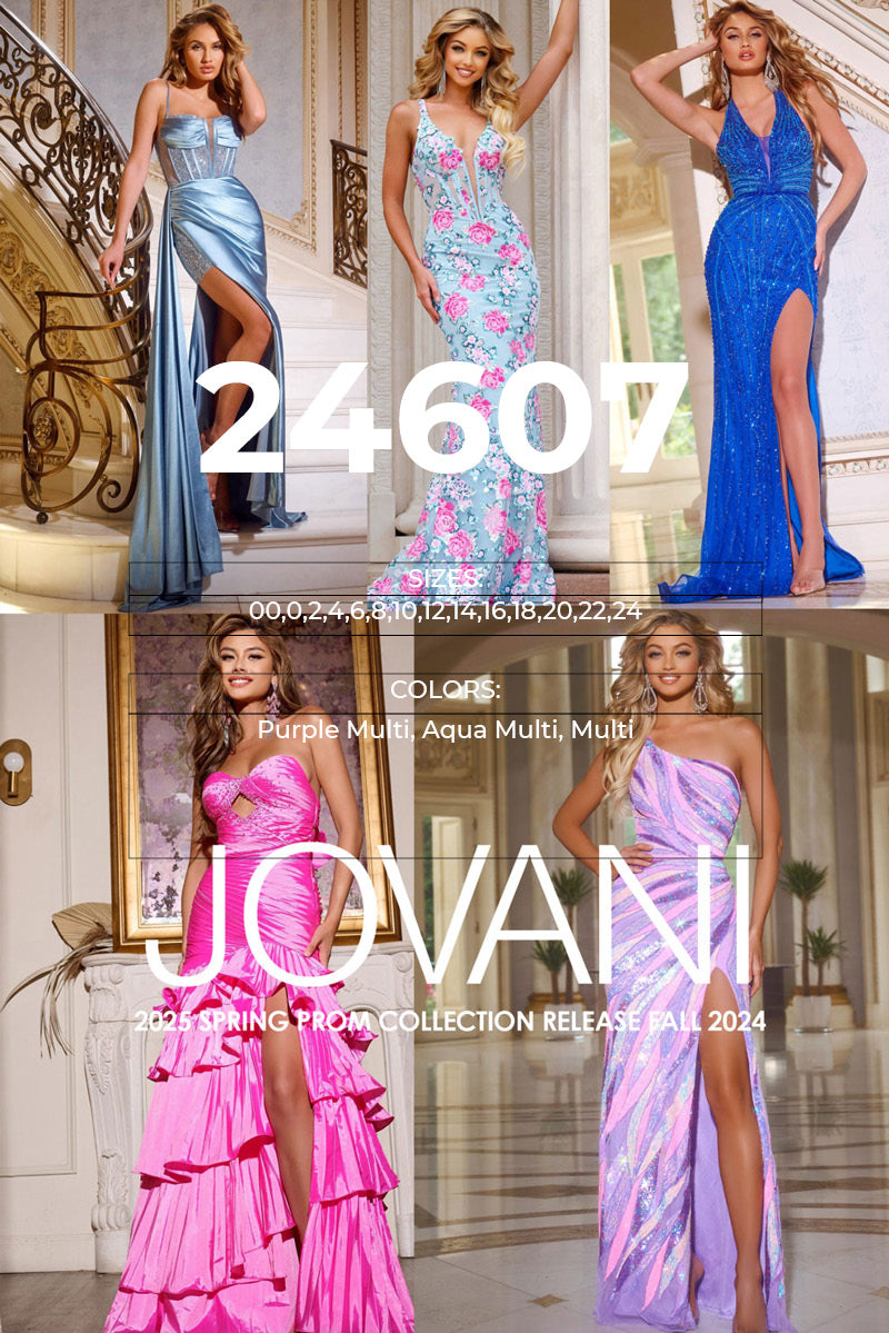 Jovani 24607 prom dress images.  Jovani 24607 is available in these colors: Purple Multi, Aqua Multi, Multi.