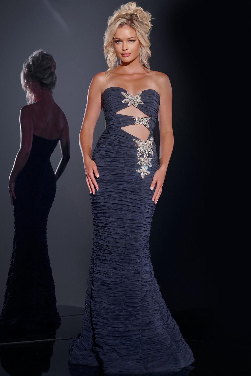 Jovani 40174 prom dress images.  Jovani 40174 is available in these colors: Navy, Fuchsia, Light Blue, Yellow.