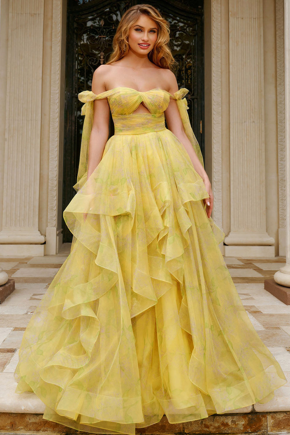 Jovani 40400 prom dress images.  Jovani 40400 is available in these colors: Yellow Print, Royal Print.