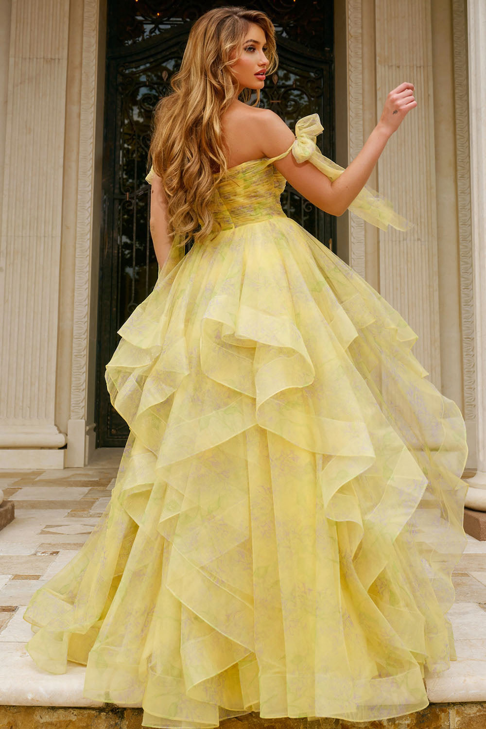 Jovani 40400 prom dress images.  Jovani 40400 is available in these colors: Yellow Print, Royal Print.