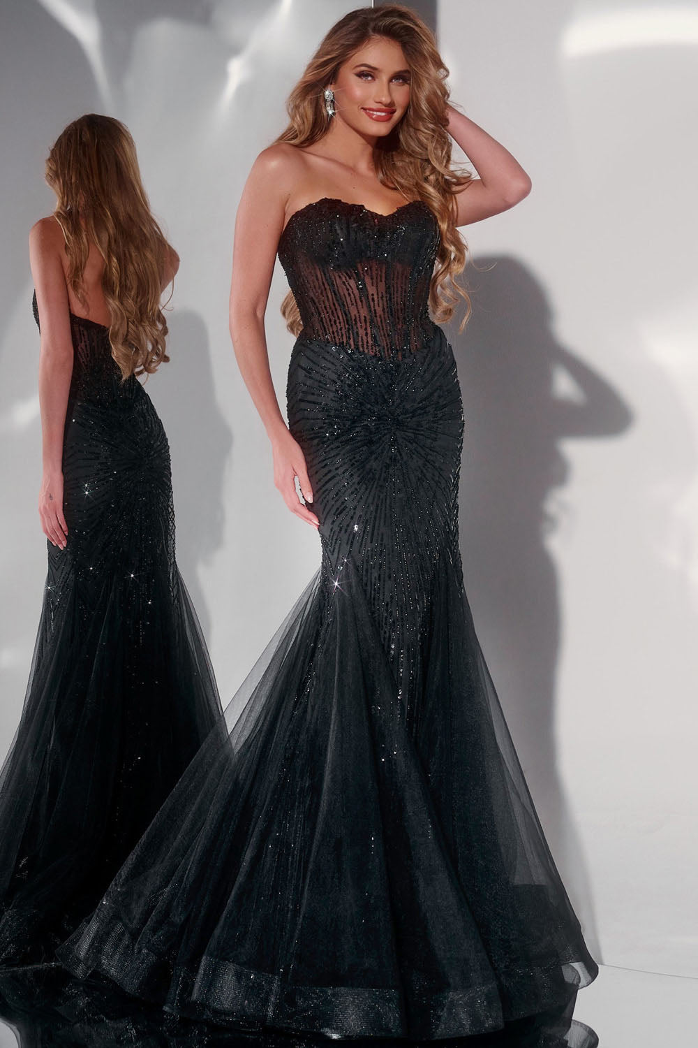 Jovani 42217 prom dress images.  Jovani 42217 is available in these colors: Black, Nude Silver.