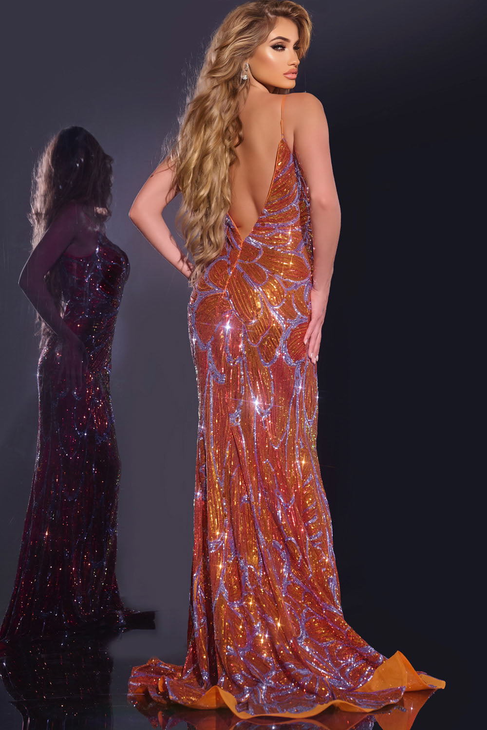 Jovani 42600 prom dress images.  Jovani 42600 is available in these colors: Orange Lilac, Royal, Black Gold.