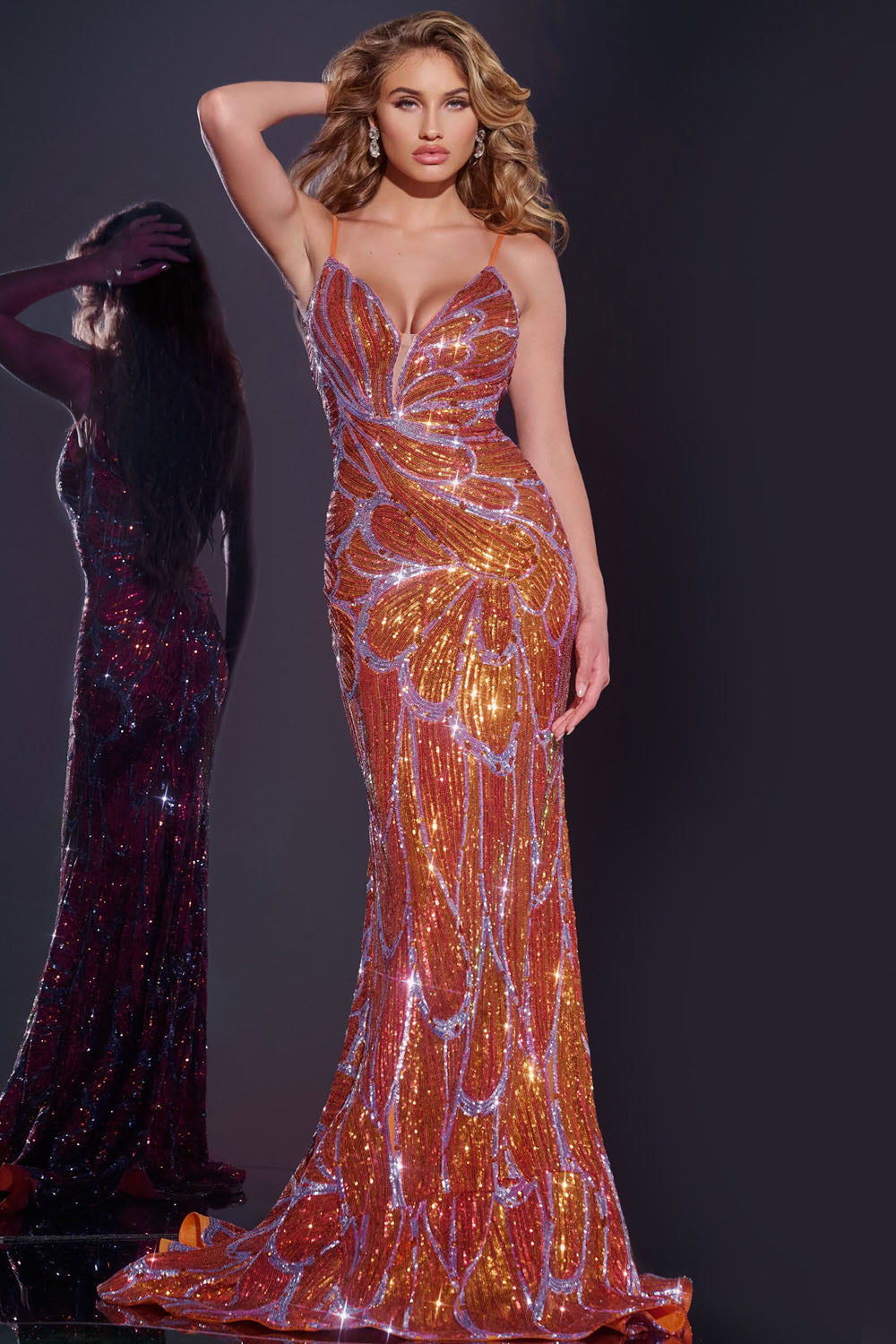 Jovani 42600 prom dress images.  Jovani 42600 is available in these colors: Orange Lilac, Royal, Black Gold.