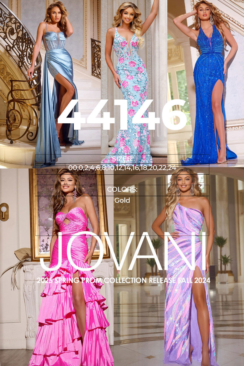 Jovani 44146 prom dress images.  Jovani 44146 is available in these colors: Gold.