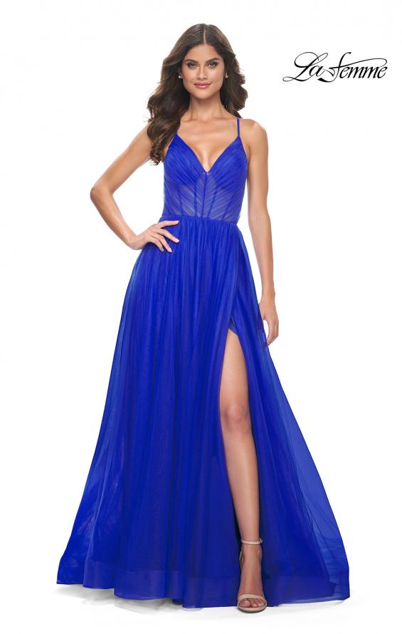 La Femme 31457 prom dress images.  La Femme 31457 is available in these colors: Black, Dark Berry, Royal Blue.