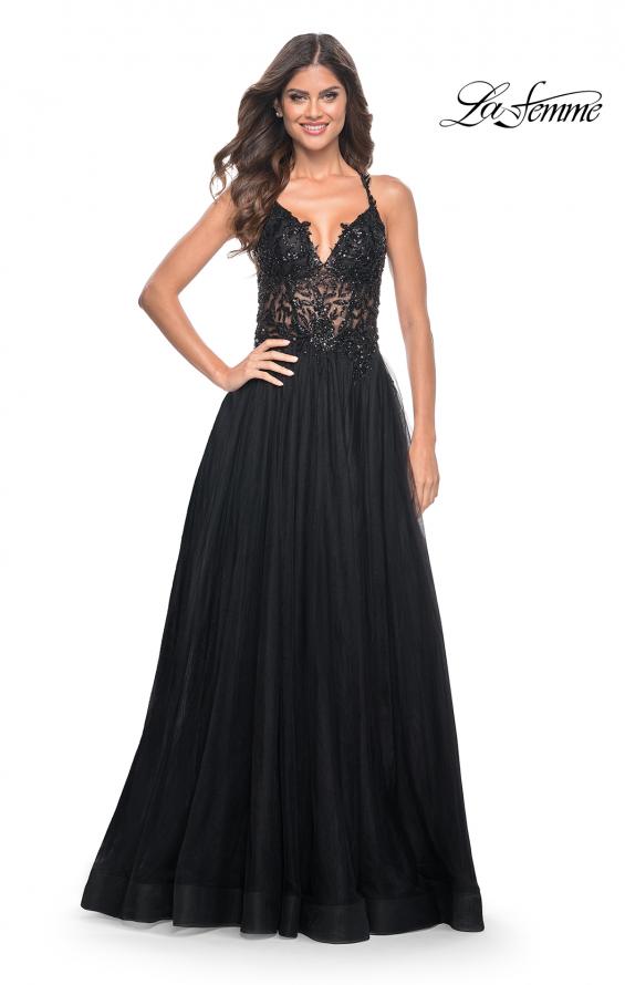 La Femme 31471 prom dress images.  La Femme 31471 is available in these colors: Black, Dark Berry, Dark Emerald, Royal Blue.