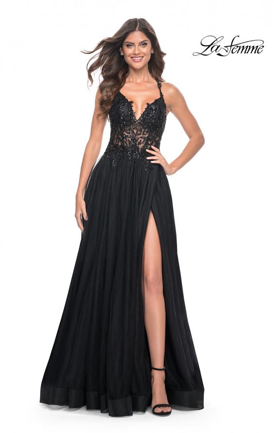 La Femme 31471 prom dress images.  La Femme 31471 is available in these colors: Black, Dark Berry, Dark Emerald, Royal Blue.