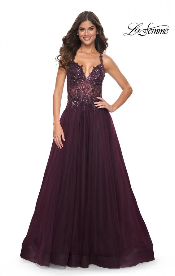 La Femme 31471 prom dress images.  La Femme 31471 is available in these colors: Black, Dark Berry, Dark Emerald, Royal Blue.