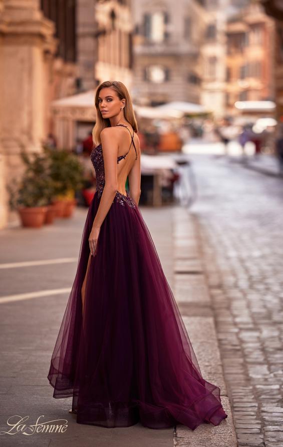 La Femme 31471 prom dress images.  La Femme 31471 is available in these colors: Black, Dark Berry, Dark Emerald, Royal Blue.