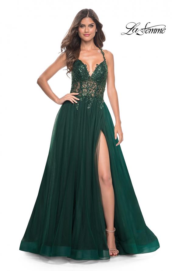 La Femme 31471 prom dress images.  La Femme 31471 is available in these colors: Black, Dark Berry, Dark Emerald, Royal Blue.