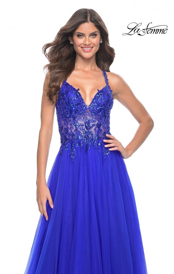 La Femme 31471 prom dress images.  La Femme 31471 is available in these colors: Black, Dark Berry, Dark Emerald, Royal Blue.