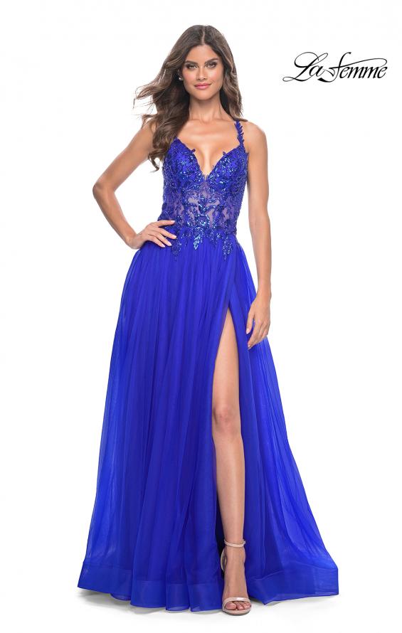 La Femme 31471 prom dress images.  La Femme 31471 is available in these colors: Black, Dark Berry, Dark Emerald, Royal Blue.