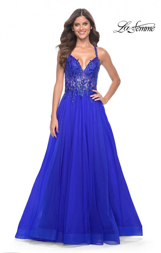 La Femme 31471 prom dress images.  La Femme 31471 is available in these colors: Black, Dark Berry, Dark Emerald, Royal Blue.