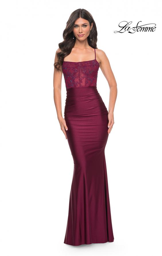 La Femme 31857 prom dress images.  La Femme 31857 is available in these colors: Black, Dark Berry, Dark Emerald, Royal Blue.