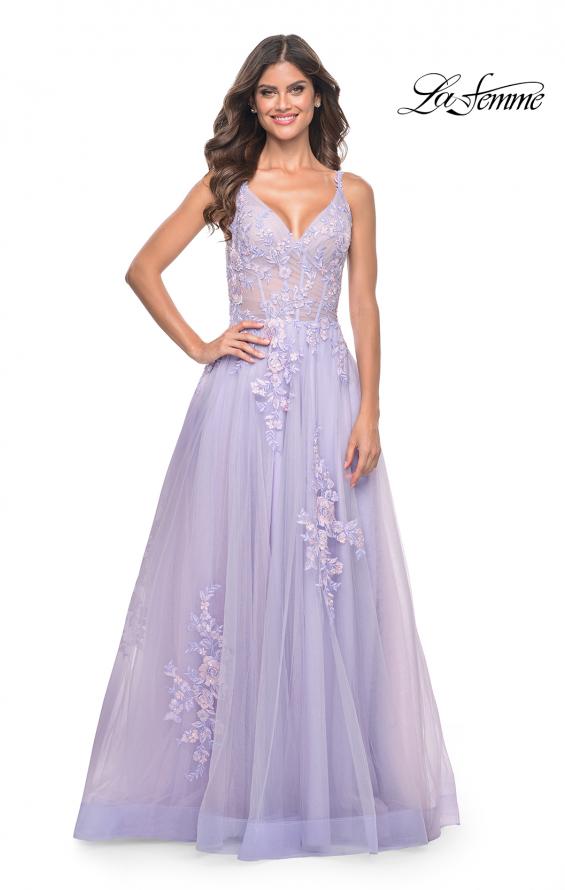 La Femme 31939 prom dress images.  La Femme 31939 is available in these colors: Lavender, Light Blue, Sage, Silver.