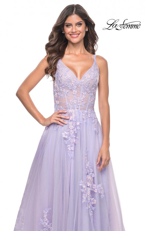 La Femme 31939 prom dress images.  La Femme 31939 is available in these colors: Lavender, Light Blue, Sage, Silver.