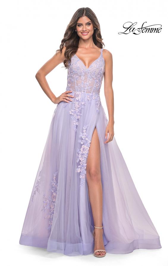 La Femme 31939 prom dress images.  La Femme 31939 is available in these colors: Lavender, Light Blue, Sage, Silver.