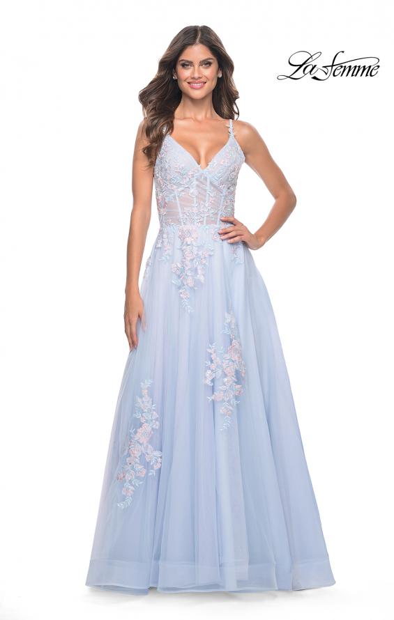 La Femme 31939 prom dress images.  La Femme 31939 is available in these colors: Lavender, Light Blue, Sage, Silver.