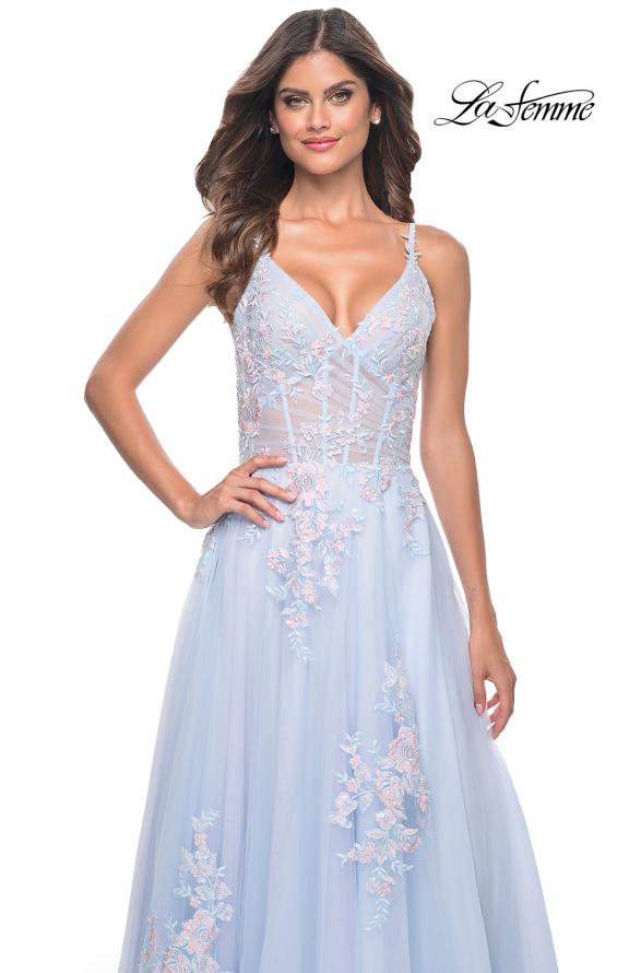 La Femme 31939 prom dress images.  La Femme 31939 is available in these colors: Lavender, Light Blue, Sage, Silver.