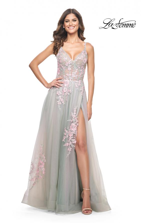 La Femme 31939 prom dress images.  La Femme 31939 is available in these colors: Lavender, Light Blue, Sage, Silver.