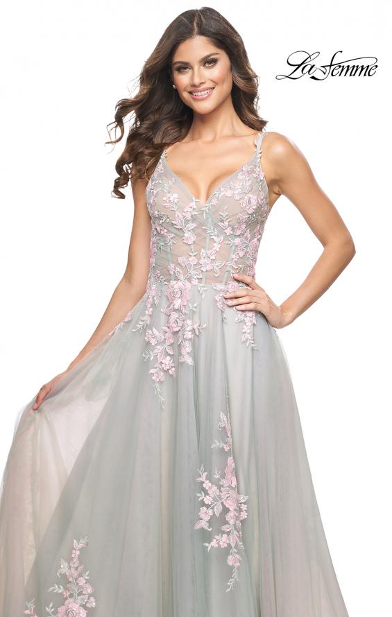 La Femme 31939 prom dress images.  La Femme 31939 is available in these colors: Lavender, Light Blue, Sage, Silver.