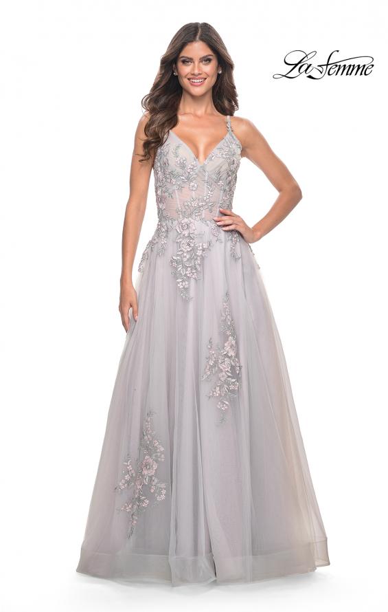 La Femme 31939 prom dress images.  La Femme 31939 is available in these colors: Lavender, Light Blue, Sage, Silver.