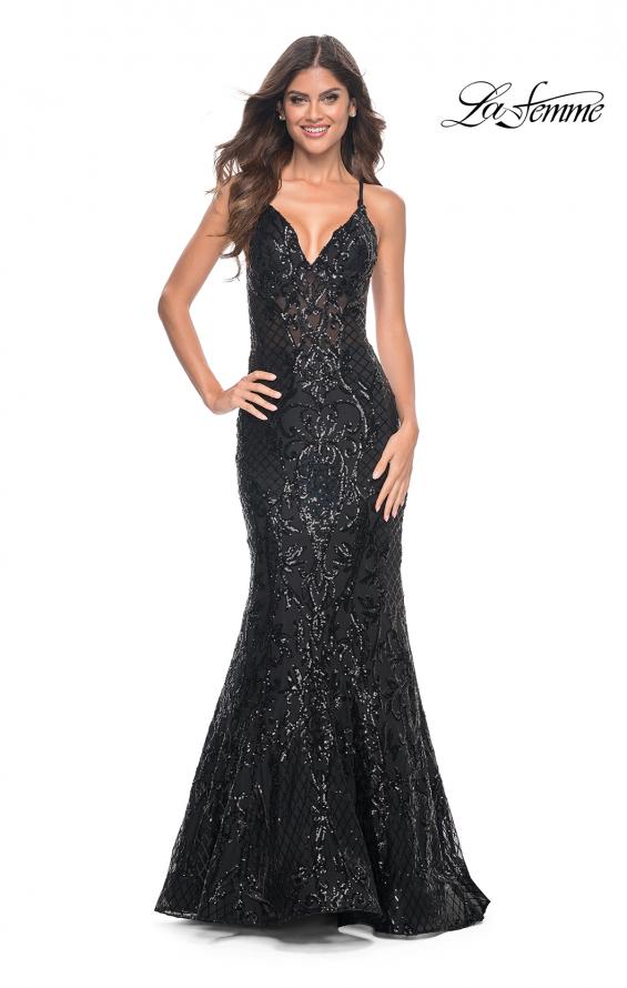 La Femme 31943 prom dress images.  La Femme 31943 is available in these colors: Black, Champagne, Dark Berry, Dark Emerald.