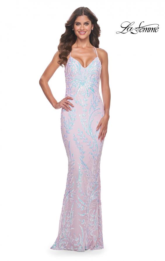 La Femme 31944 prom dress images.  La Femme 31944 is available in these colors: Cloud Blue, Light Periwinkle, Light Pink.