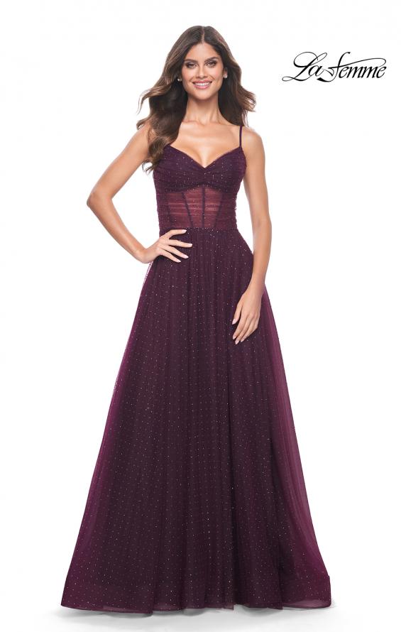 La Femme 31970 prom dress images.  La Femme 31970 is available in these colors: Black, Dark Berry, Dark Emerald.