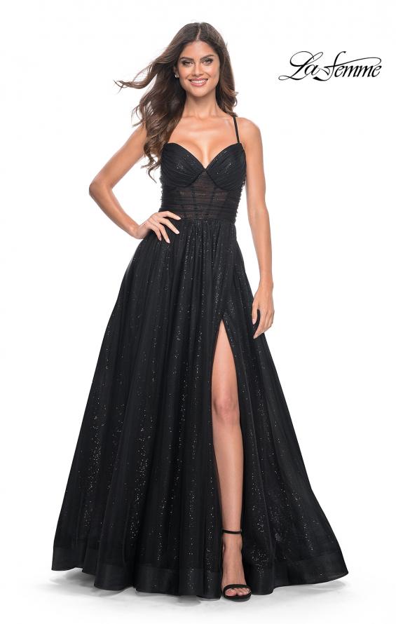 La Femme 31986 prom dress images.  La Femme 31986 is available in these colors: Black, Dark Berry, Electric Blue.