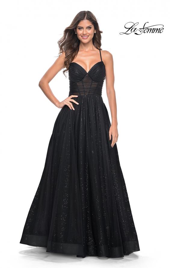 La Femme 31986 prom dress images.  La Femme 31986 is available in these colors: Black, Dark Berry, Electric Blue.