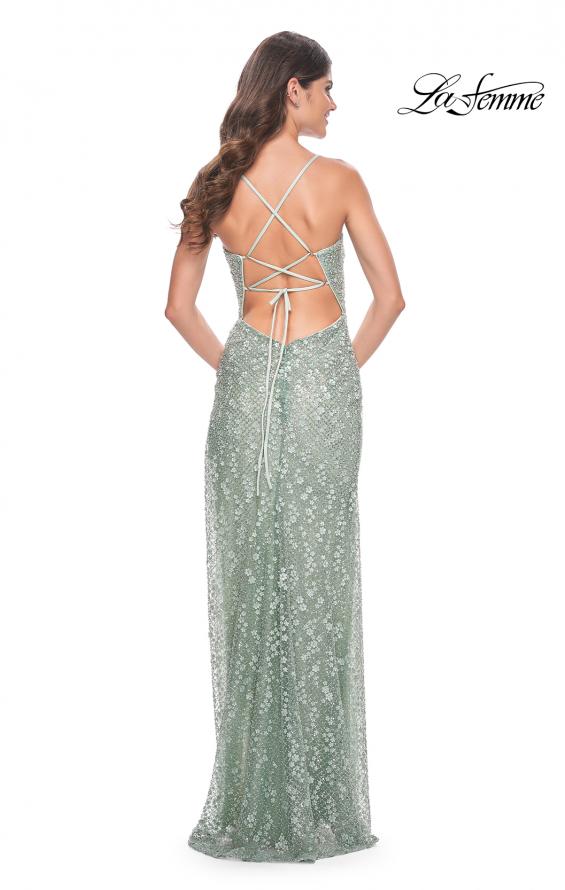 La Femme 31993 prom dress images.  La Femme 31993 is available in these colors: Lavender, Light Blue, Pale Yellow, Sage.