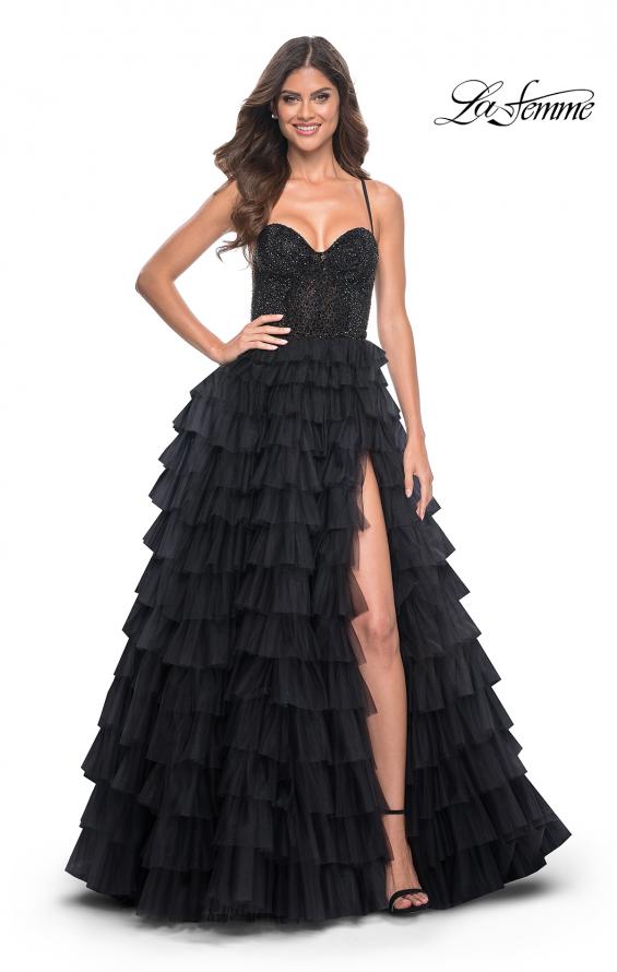 La Femme 32002 prom dress images.  La Femme 32002 is available in these colors: Black, Royal Blue.