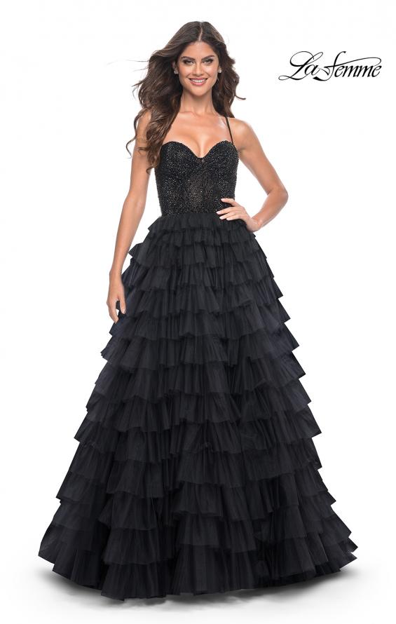 La Femme 32002 prom dress images.  La Femme 32002 is available in these colors: Black, Royal Blue.