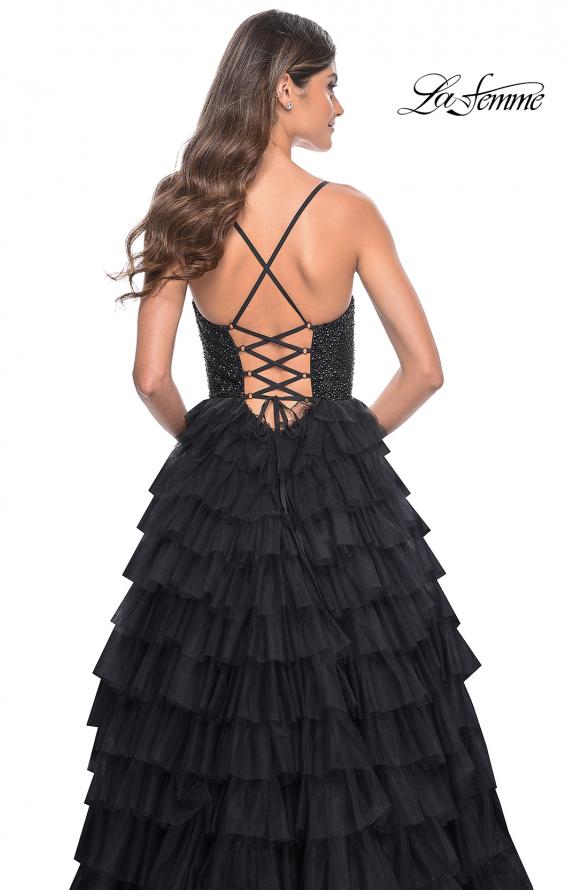 La Femme 32002 prom dress images.  La Femme 32002 is available in these colors: Black, Royal Blue.