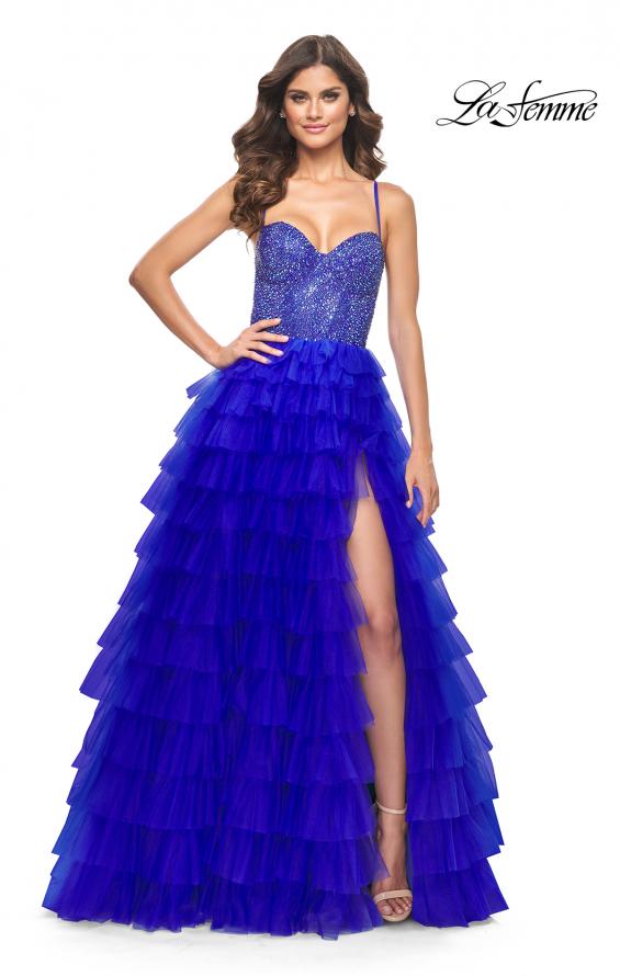 La Femme 32002 prom dress images.  La Femme 32002 is available in these colors: Black, Royal Blue.