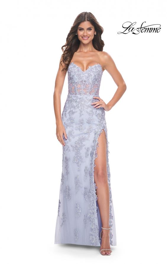 La Femme 32013 prom dress images.  La Femme 32013 is available in these colors: Champagne, Light Periwinkle, Silver.