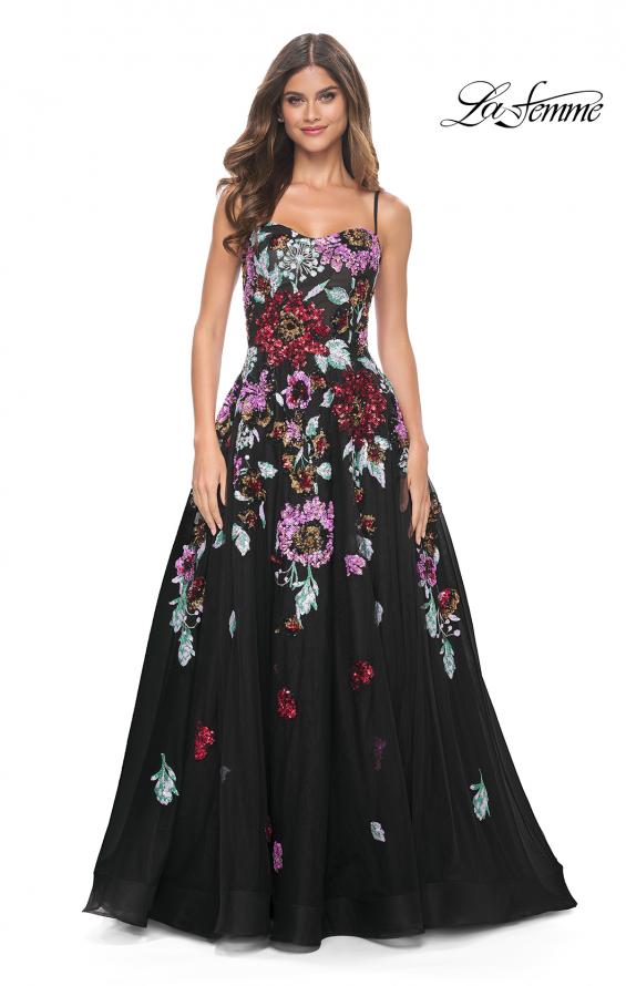 La Femme 32019 prom dress images.  La Femme 32019 is available in these colors: Black.