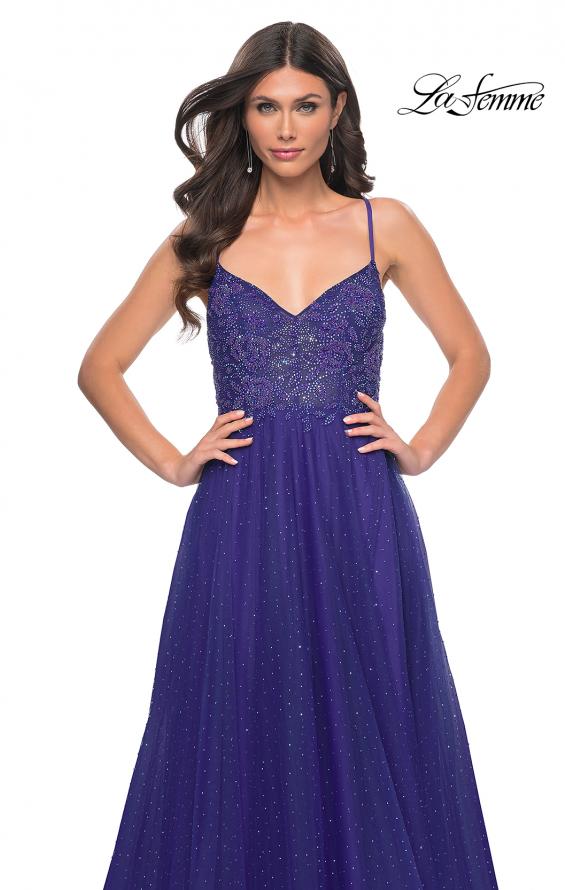 La Femme 32020 prom dress images.  La Femme 32020 is available in these colors: Dark Emerald, Indigo, Light Periwinkle.