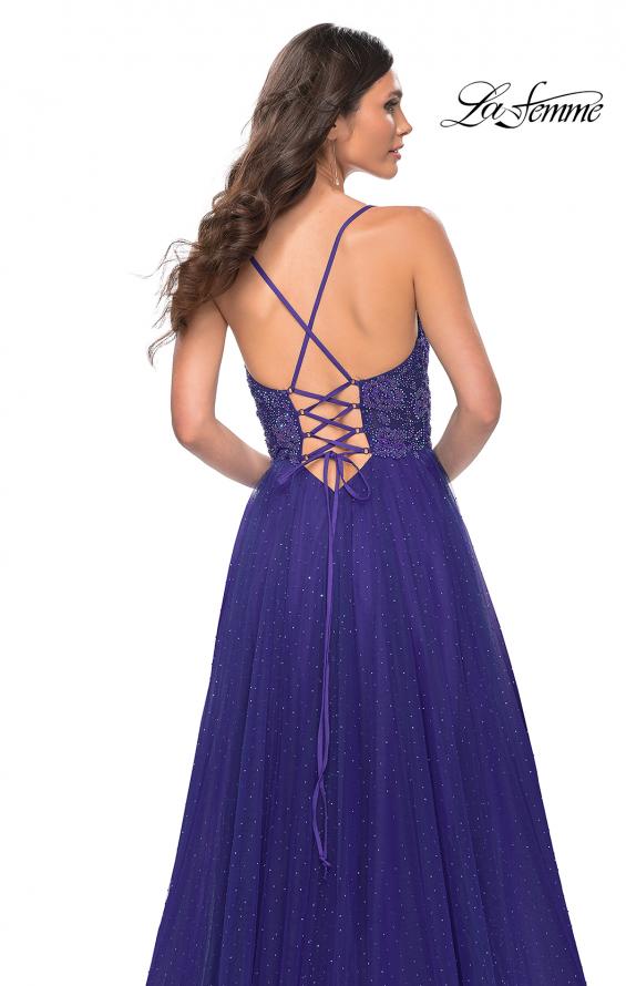 La Femme 32020 prom dress images.  La Femme 32020 is available in these colors: Dark Emerald, Indigo, Light Periwinkle.