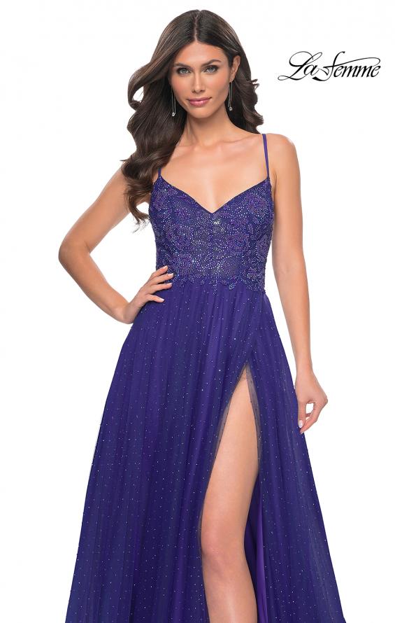 La Femme 32020 prom dress images.  La Femme 32020 is available in these colors: Dark Emerald, Indigo, Light Periwinkle.