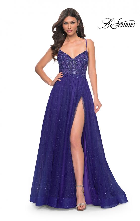 La Femme 32020 prom dress images.  La Femme 32020 is available in these colors: Dark Emerald, Indigo, Light Periwinkle.