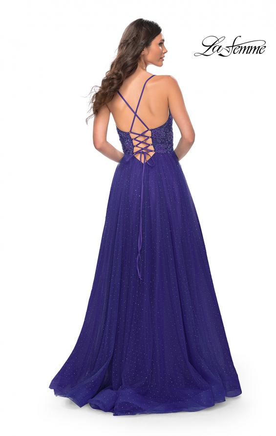 La Femme 32020 prom dress images.  La Femme 32020 is available in these colors: Dark Emerald, Indigo, Light Periwinkle.