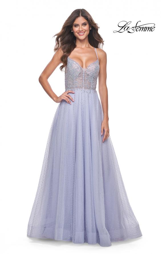 La Femme 32020 prom dress images.  La Femme 32020 is available in these colors: Dark Emerald, Indigo, Light Periwinkle.