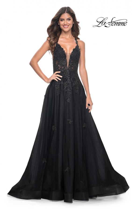 La Femme 32022 prom dress images.  La Femme 32022 is available in these colors: Black, Dark Emerald, Indigo.