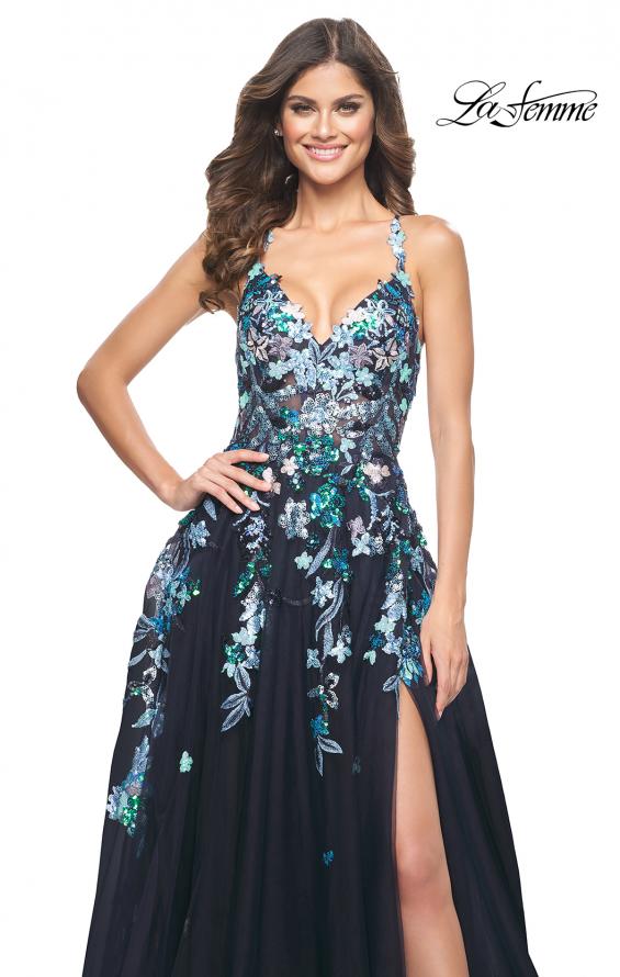 La Femme 32023 prom dress images.  La Femme 32023 is available in these colors: Black, Navy.