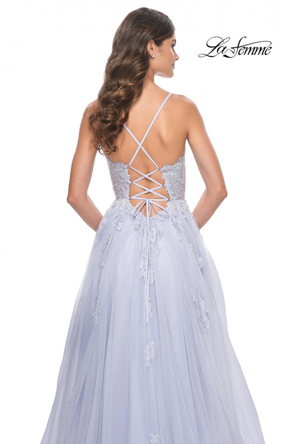 La Femme 32028 prom dress images.  La Femme 32028 is available in these colors: Black, Light Periwinkle, Orange, White.